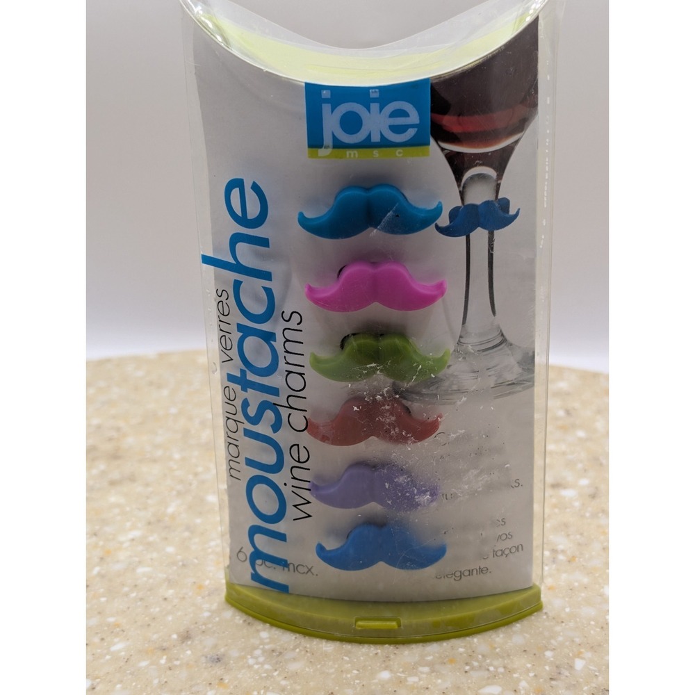 Joie Moustache Wine Charms 6 pc set Ring Markers Multiple Color Pack